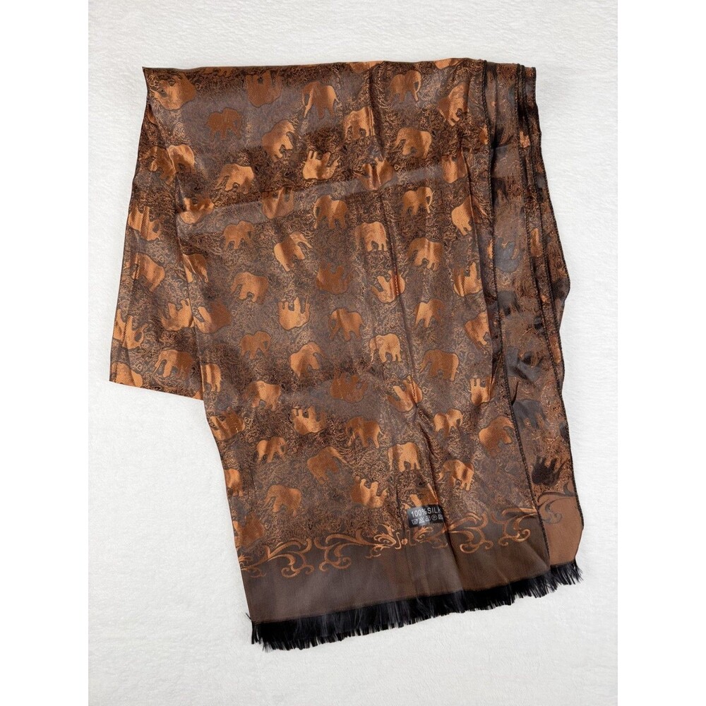 100% Silk Scarf Shawl Brown Copper Elephant Jacquard Woven Fringe 27x70